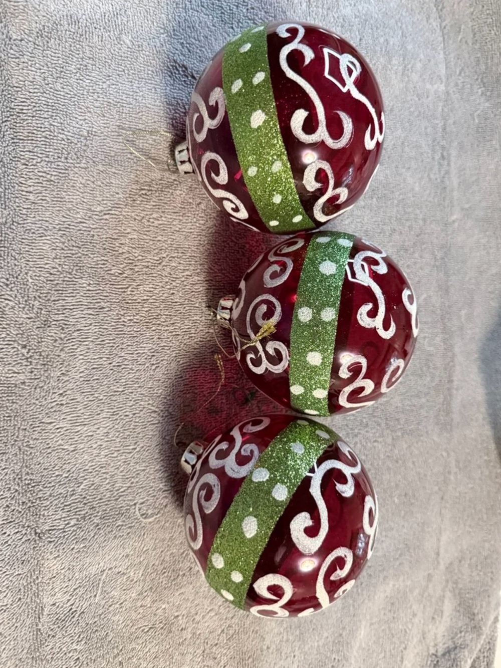 Vintage Set of three festive red/green/white glass-style 4” ornaments